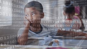 Animation of qr code and looping binary code over thoughtful asian boy sitting in classroom. Digital composite, multiple exposure, childhood, coding, barcode, school, technology, education concept. - Powered by Shutterstock - Get 15% off with code: PIKWIZARD15