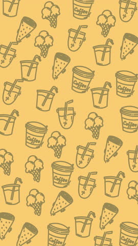 Seamless hand drawn food and coffee icons pattern on warm yellow background ideal for packaging textiles branding web backgrounds and surface design.
