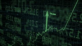 Starting with green grid tickers, chart line surging with pulsing arrows indicating market growth. Financial analysis, data visualization, digital dashboard, stock market, investment growth, business - Powered by Shutterstock - Get 15% off with code: PIKWIZARD15