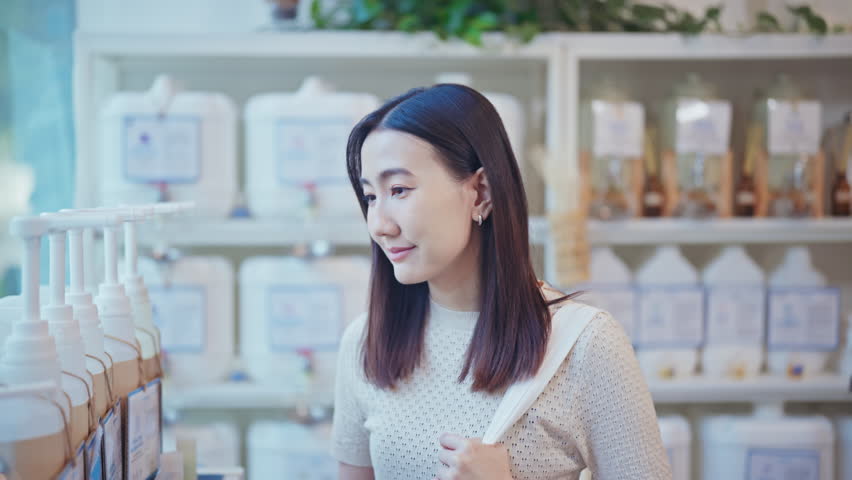 Smiling young woman looking at the camera while shopping at a sustainable refill shop. Concept of eco-friendly lifestyle, happiness, and plastic-free living.