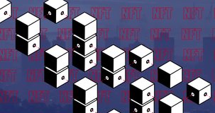 Animation of cubes and nft over blurred cityscape. Digital resources and data processing concept digitally generated video. - Powered by Shutterstock - Get 15% off with code: PIKWIZARD15