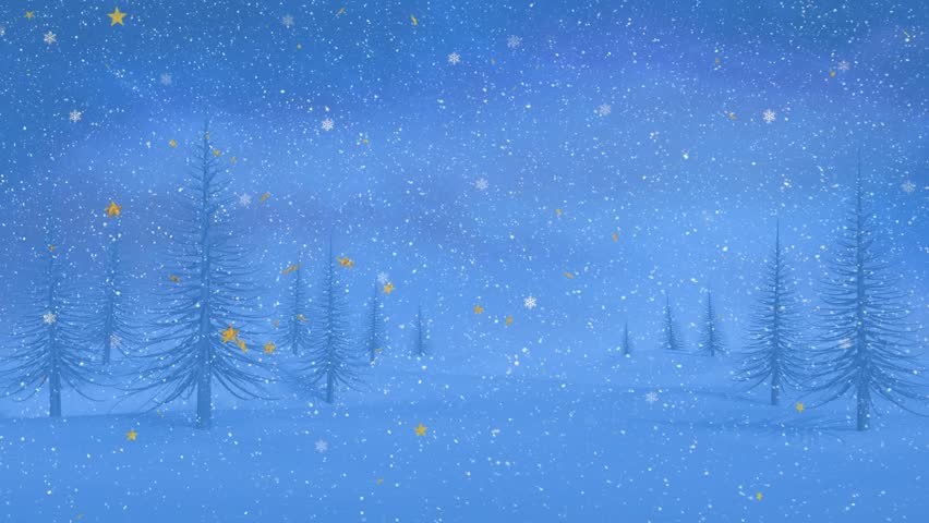 Animation of star shaped with snowflakes and snow moving over landscape and pine trees against sky. Digitally generated, illustration, nature, decoration, christmas, winter and holiday concept.