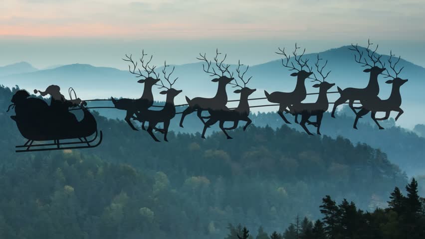 Animation of santa claus in sleigh with reindeer moving over landscape at christmas. christmas, tradition and celebration concept digitally generated video.