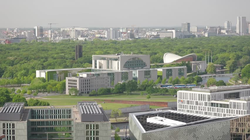 Berlin Government District Panorama, Federal Chancellery “Washing Machine” Building, Tiergarten Park and Political Center Skyline, POV from Charité High-Rise, Berlin Germany Europe