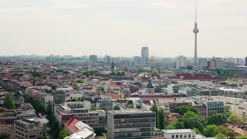 Berlin Downtown Skyline Panorama, Cityscape View towars TV Tower, Alexanderplatz and Historic Center, Wahrschauer Straße, Skyscarpers, Buildings, European City Overview, Berlin Germany Europe