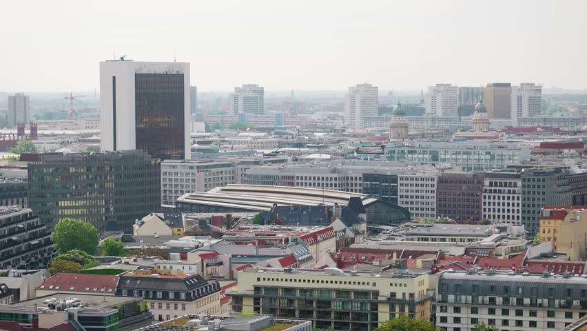 Berlin Cityscape Panorama, Central District Skyline near Friedrichstrasse and Friedrichstadt-Palast, Urban Architecture toward Berlin Cathedral, POV from Charité Tower High-Rise, Berlin Germany Europe
