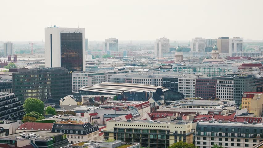Berlin Cityscape Panorama, Central District Skyline near Friedrichstrasse and Friedrichstadt-Palast, Urban Architecture toward Berlin Cathedral, POV from Charité Tower High-Rise, Berlin Germany Europe