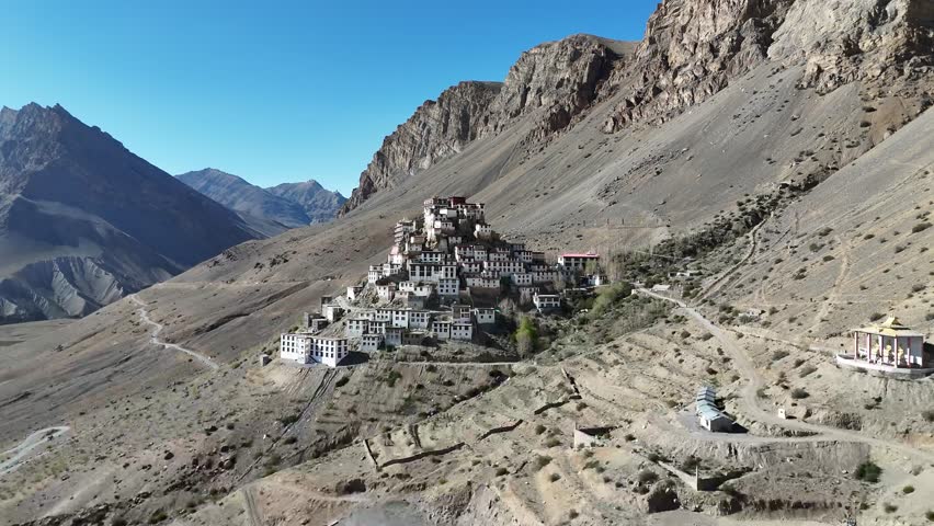  Aerial View of Key Gompa Surrounded by Rugged Mountains