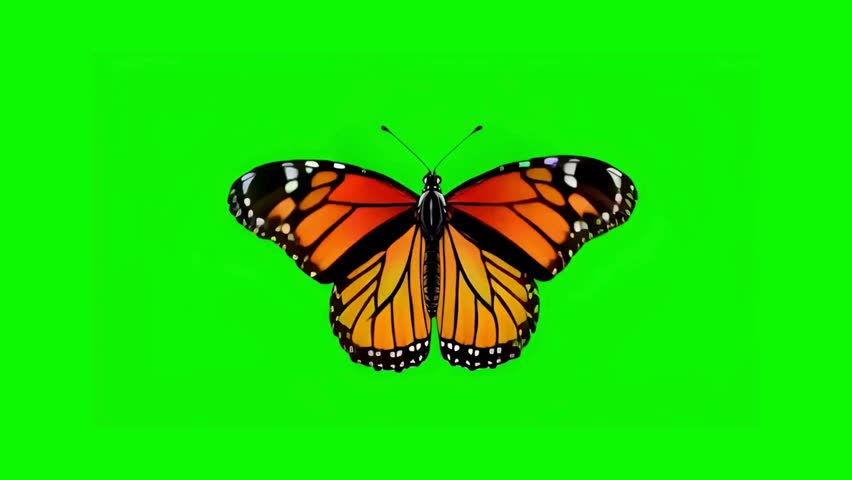 Top view of an animated orange monarch butterfly flapping its wings in a loop on a green screen chroma key background for nature