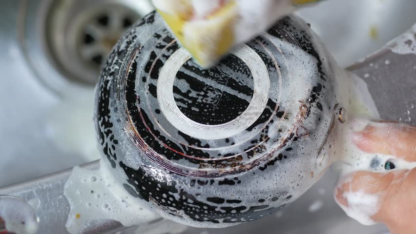 Hands wash bottom of black pot with yellow sponge and soap suds in sink