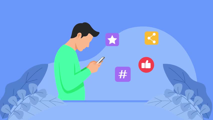 Man Browsing Social Media. Social Media concept. Full length animation illustration. High quality 4k footage