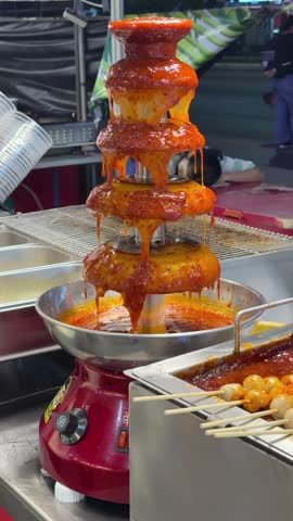 Glazed sausage at Asian street food stall with dripping sauce and steam. Popular grilled snack prepared at night market in Thailand.