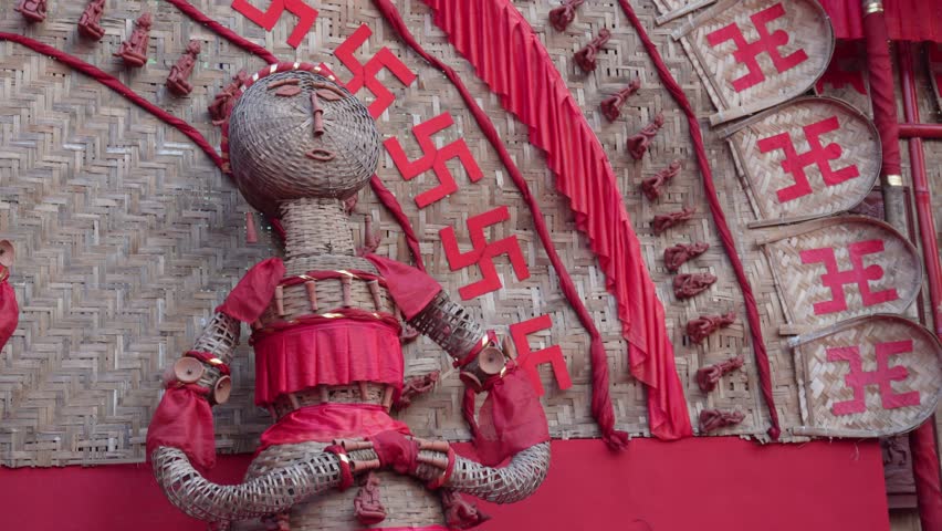 Traditional Bamboo Craft Sculpture Featuring Auspicious Swastika Motifs