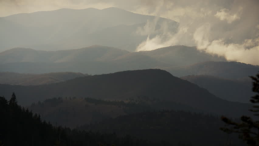 Colorful autumn forest in Great Smoky Mountains under cloudy sky, scenic mountain landscape. zoom shot