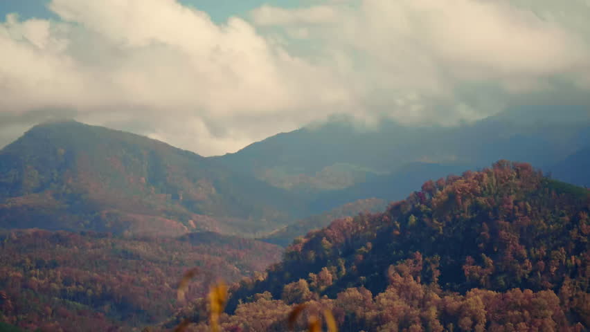 Colorful autumn forest in Great Smoky Mountains under cloudy sky, scenic mountain landscape.