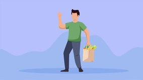 Man Walking Home Carrying Grocery Tote Bag. Grocery shopping with tote bag concept. Full length animation illustration. High quality 4k footage - Powered by Shutterstock - Get 15% off with code: PIKWIZARD15