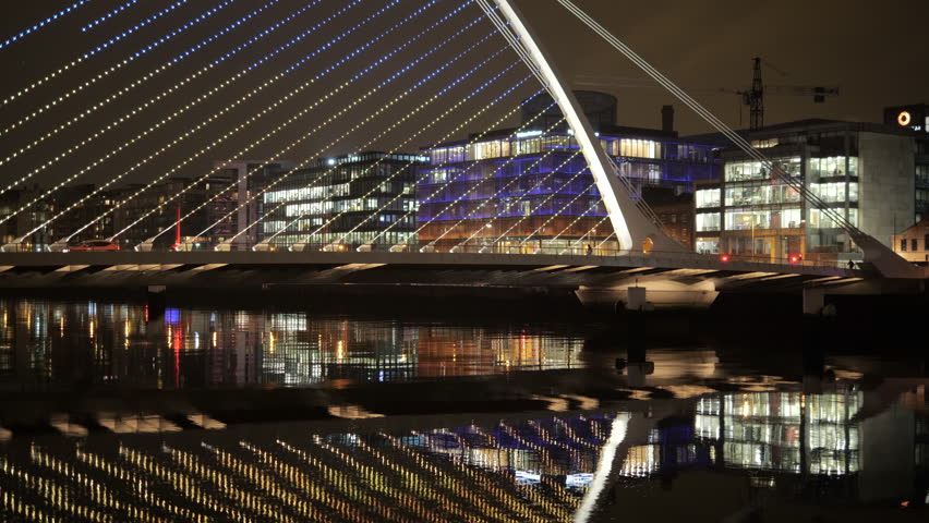 Samuel Beckett Bridge Night Reflection Dublin River Liffey Illuminated Architect