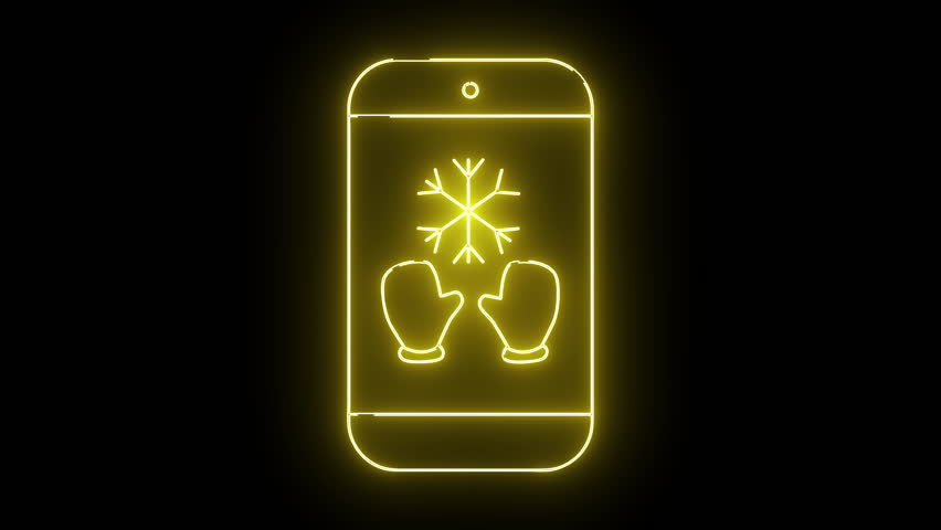 Glowing yellow neon outline of a phone display showing mittens a snowflake on a black background