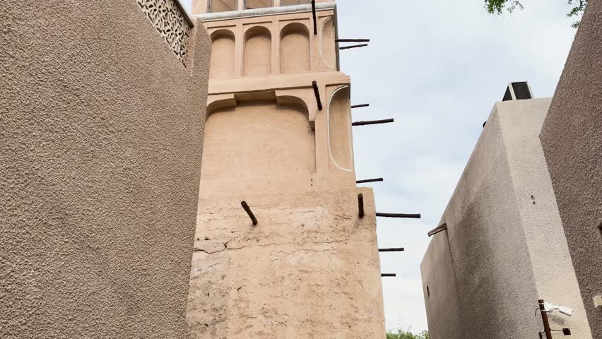 Low angle shot of traditional barjeel windtower in Old Dubai, UAE