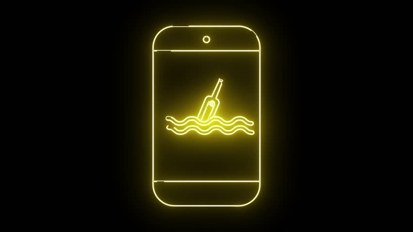 Illuminated cell phone outline displays a bottle with a message floating on waves against a black background