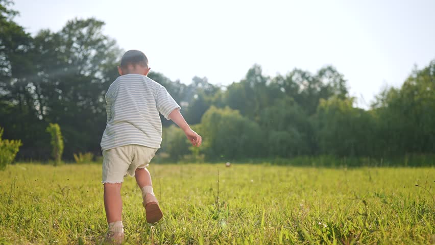A happy boy, a cheerful child, is running across the green grass field in summer, playing joyfully in the outdoor space, feeling freedom and enjoying the game with endless energy, as a happy boy
