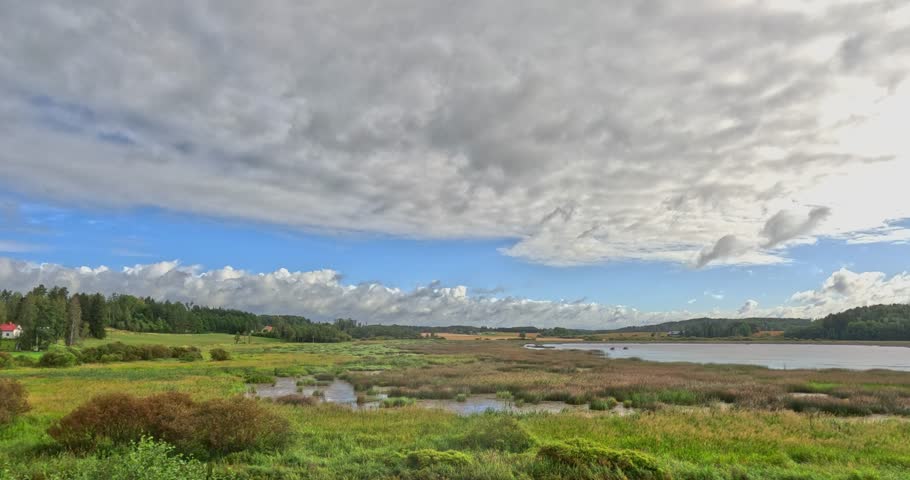Vanjärvi bird watching area in summer with clouds in the sky, Vihti, Finland, Europe.