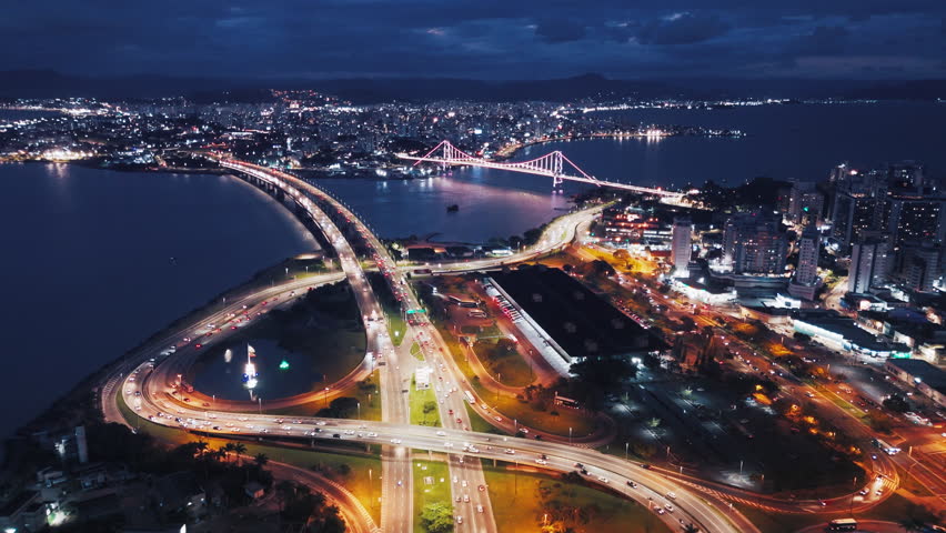 Florianopolis at night. Aerial view of the city of Florianopolis at twilight, Brazil