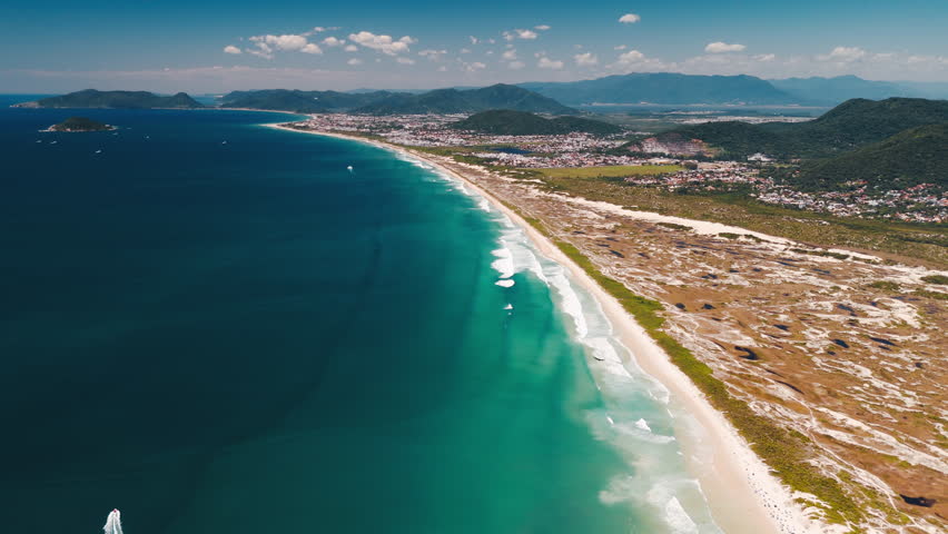 Joaquina beach aerial. Aerial view of the long sandy beach of Joaquina as seen to the south. Island of Santa Catarina, Florianopolis, Brazil