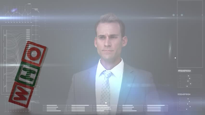 Animation of screen with database and blocks with who text over caucasian businesssman drawing graph. Digital composite, multiple exposure, report, analyzing, business and futuristic technology.