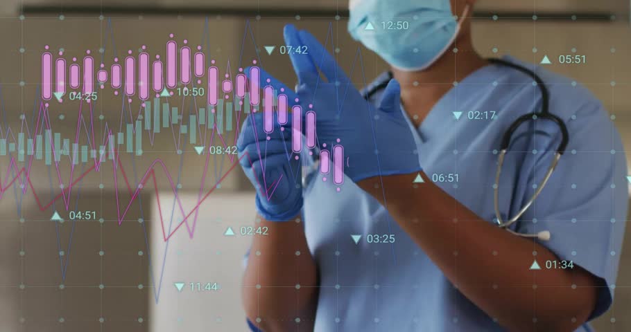 Nurse gripping glove cuff and donning gloves for sterile protection, with pink teal finance charts. Medical, healthcare, clinical, professional, hygiene, precision, sterile