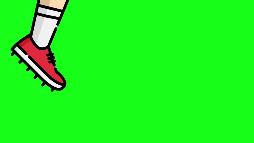 Close-up of a cartoon leg in a red soccer cleat kicking a football on a green screen. Action sports animation