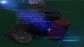 Animation of data processing and binary coding over casino chips. global business, finance, gambling and data processing concept digitally generated video. - Powered by Shutterstock - Get 15% off with code: PIKWIZARD15