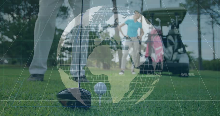Animation of globe and data processing over legs of male golf player with golf club and ball. Global sports, competition and data processing concept digitally generated video.