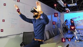 Using virtual reality headset, man exploring animation with digital network in office. Technology, innovation, networking, immersive, interactive, futuristic - Powered by Shutterstock - Get 15% off with code: PIKWIZARD15