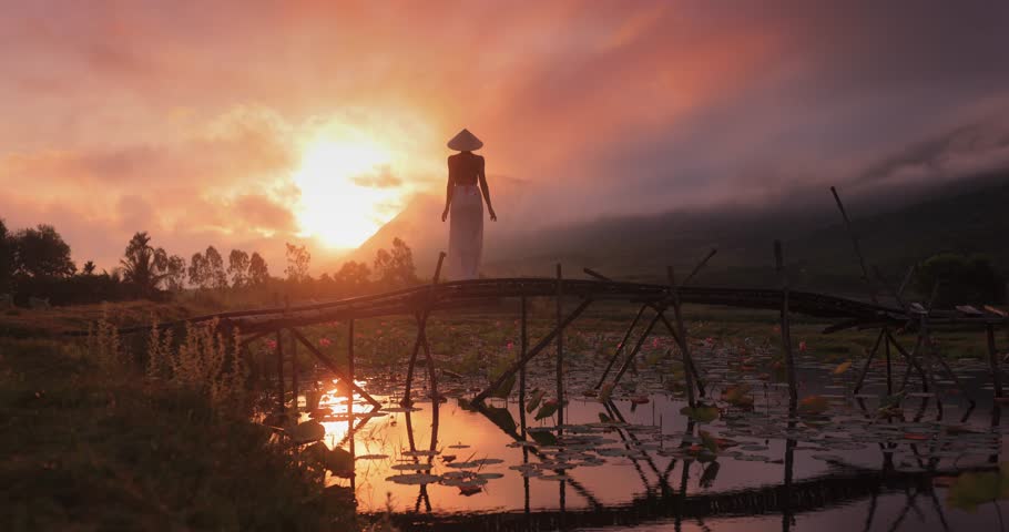 Cinematic sunrise over Tra Ly Lotus Pond in Thai Binh, Vietnam. Misty mountains, bamboo bridge, and lotus water reflections create a serene scene, ideal for tourism campaigns and documentary openers.