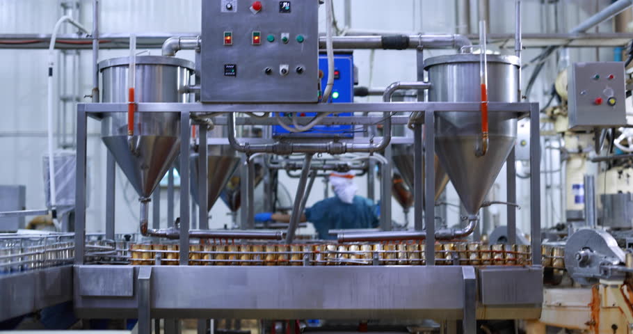 Food manufacturing industry. Worker working in canned food factory. Food industry. Canned fish factory. Worker's hand holding sardine to cutting head. Worker in food processing production line.