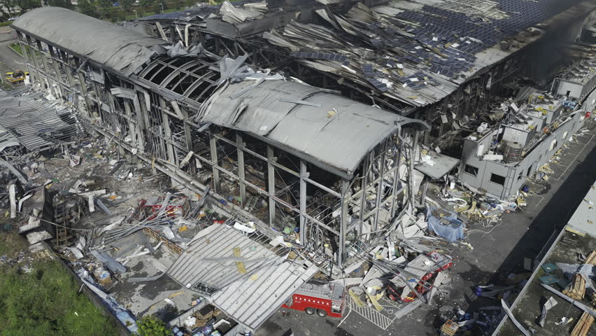 Factory explosion accident , Pingtung, Taiwan (aerial Shot)- 4K_HDR_Dlog