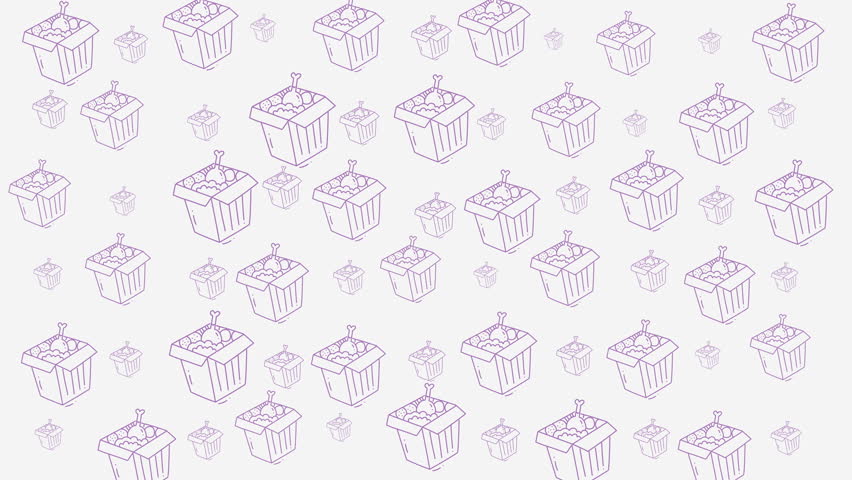 Food doodle illustration featuring purple cartoon fried chicken buckets on white background suitable for restaurant menus or foodthemed designs. Whimsical, playful, and eyecatching.