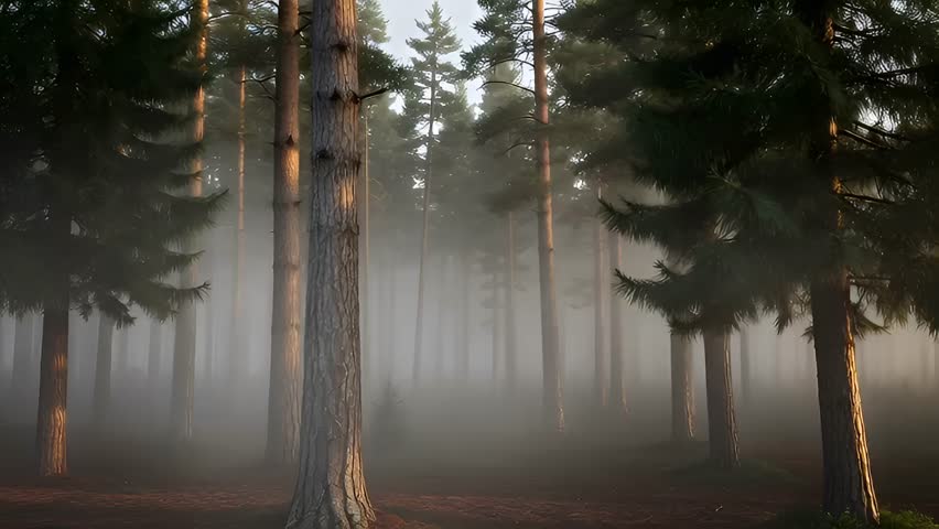 Foggy forest scene with tall pine trees and sunlit background