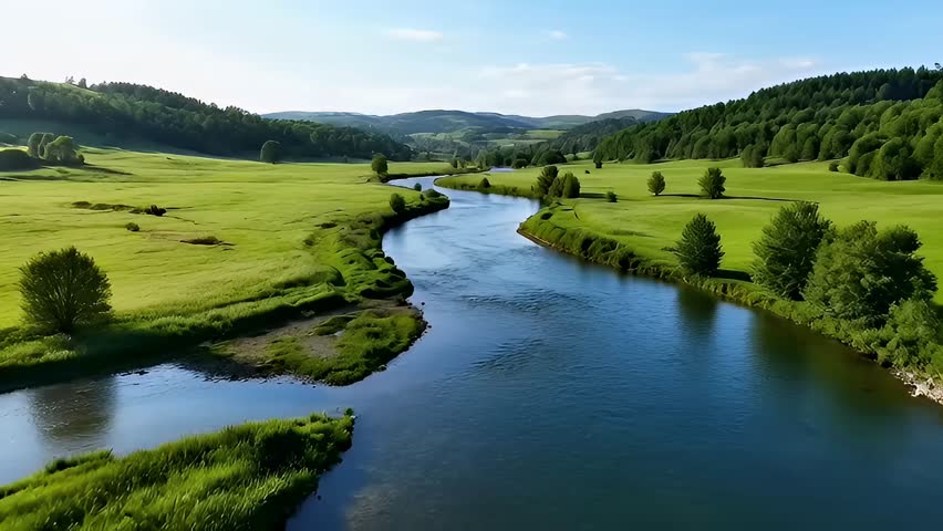 Beautiful winding river flowing through lush green landscape under a blue sky