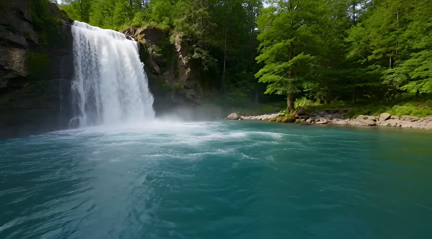 Majestic waterfall cascading into a turquoise pool surrounded by lush greenery