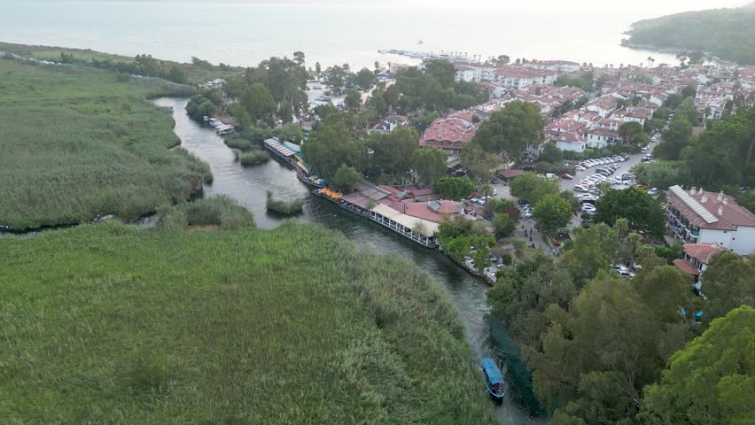 Aerial View of Azmak River and Waterfront Restaurants - Akyaka Turkey