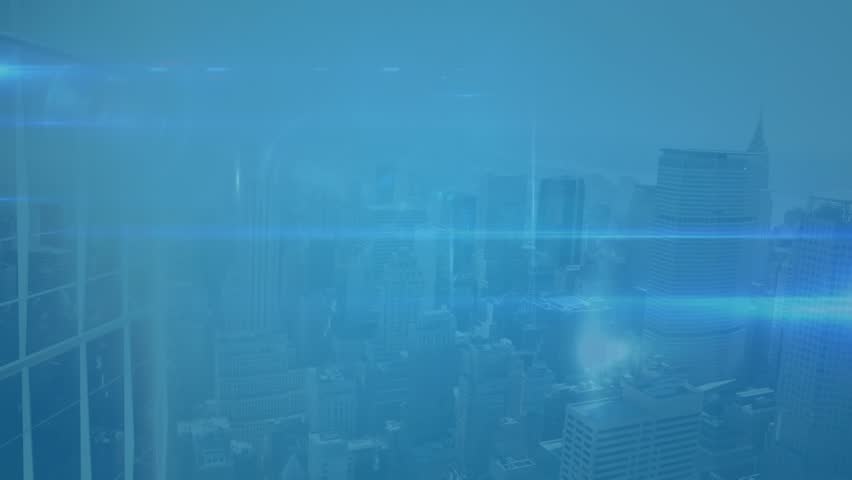 Animation of profile icons connected with lines over 3d model of cityscape on blue background. Digital composite, multiple exposure, skyscrapers, architecture, communication and technology concept.