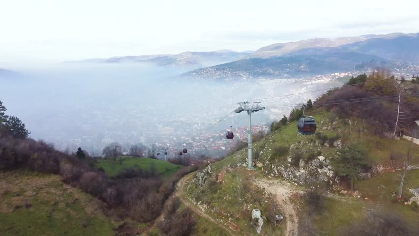 Bosnia 4K. Sarajevo under the Clouds. Cable Car. Winter Games