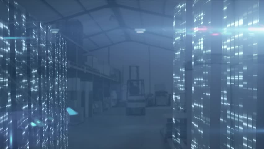 Animation of data processing against warehouse interior. Digital composite, multiple exposure, communication, technology, business, manufacturing industry.