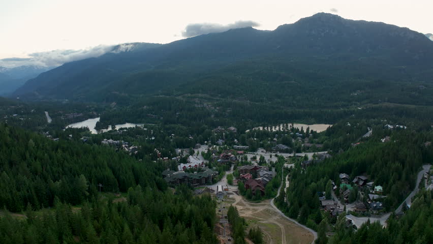 Whistler Creekside Aerial in Summer with Coast Mountains and Alpine Village