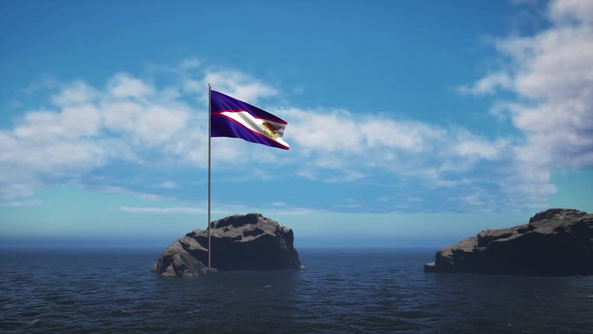 American Samoa Flag Standing In The Middle Of The Ocean Near A Rock