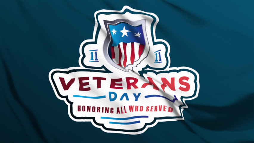 This text animation displays Veterans Day honoring all who served with a waving flag, perfect for Veterans Day celebrations