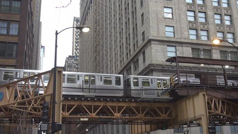 Metro train passing in downtown Chicago, Illinois, USA