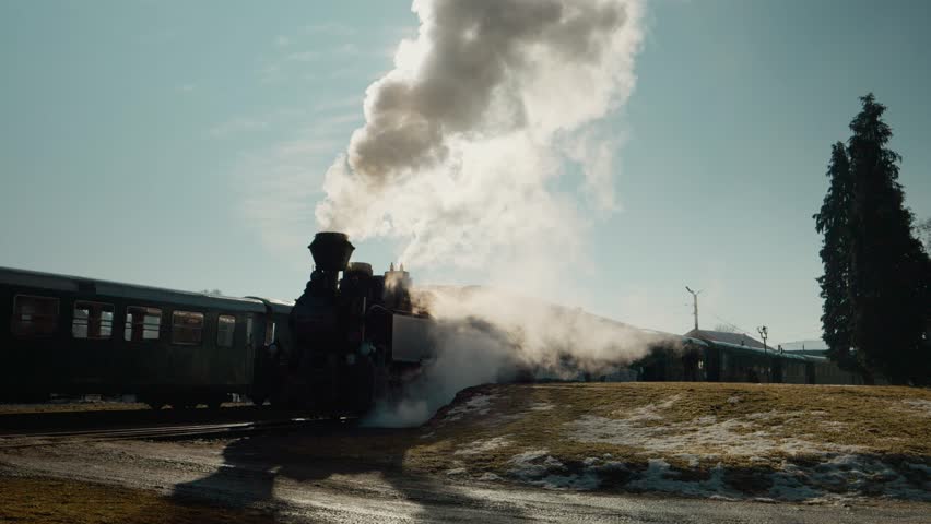 A steam train called Mocanita arrives at a station in Romania. Smoke rises as the locomotive pulls up to the platform on a clear day. Passengers wait to board.